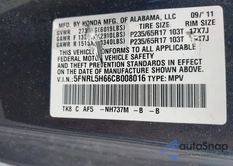 2012 Honda Odyssey Ex-L z USA, uszkodzony, nr VIN 5FNRL5H66CB008016